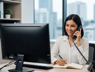 A woman works smiling while answering phone calls in office.