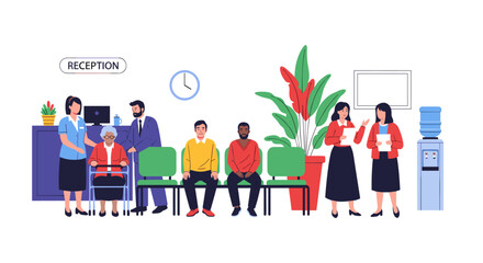 Diverse group of people waiting in a doctor's office reception area with plants and water cooler