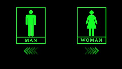Green Neon Man and Woman Restroom Signs with Arrows on Black Background toilet bathroom