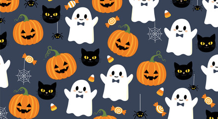 Obraz premium Adorable halloween decorations featuring ghosts pumpkins spiders and black cats on a dark blue background