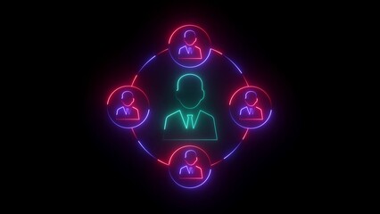 Neon Network Diagram With Central Figure In Teal And Surrounding Figures In Red And Purple connection