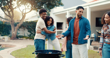 Happy people, friends and hug with grill in backyard for BBQ food, social connection or bonding. Group, community or embrace with smile for fun barbecue, gathering or outdoor get together in garden