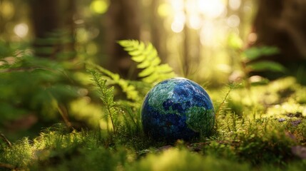The globe surrounded by lush greenery in a serene forest setting