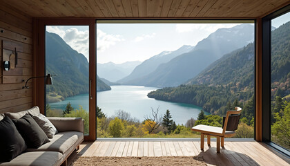 Fototapeta premium Cabin Interior with Lake and Mountain View Through Window