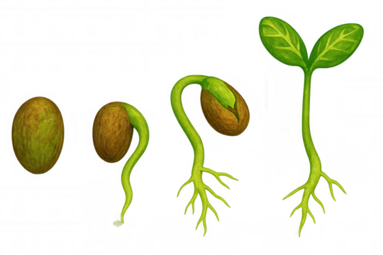 Plant growing from seed, showing different stages of growth, isolated on transparent background