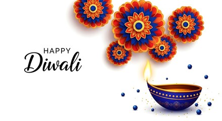 Happy diwali greeting with traditional diya and floral decorations on a white background, celebrating the festival of lights with joy and prosperity