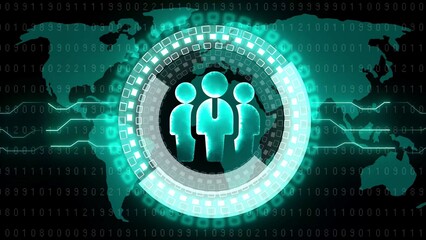 Obraz premium Teal Digital Network with People Icon and Binary Code World Map business global