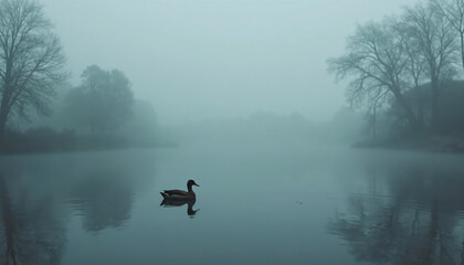 Naklejka premium Duck Swimming in Foggy Lake with Trees