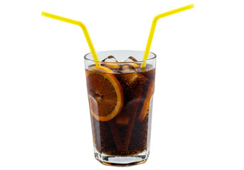 Isolated Refreshing Glass of Cola with Ice Cubes, Orange Slice and Two Straws