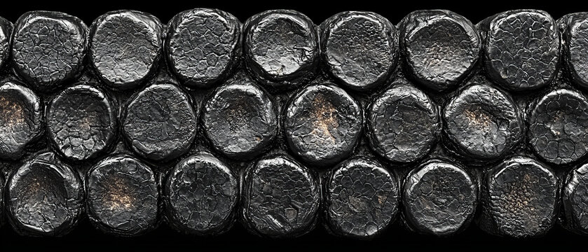 Black, circular, textured elements arranged in a repeating pattern