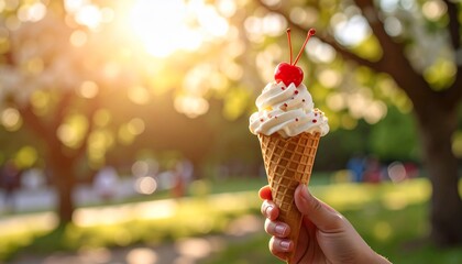 A Hand Holding an Ice Cream Cone with a Cherry on Top in a Park Setting