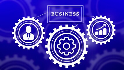 White gear diagram with business, person, and growth icons on a blue textured background gears cogwheels