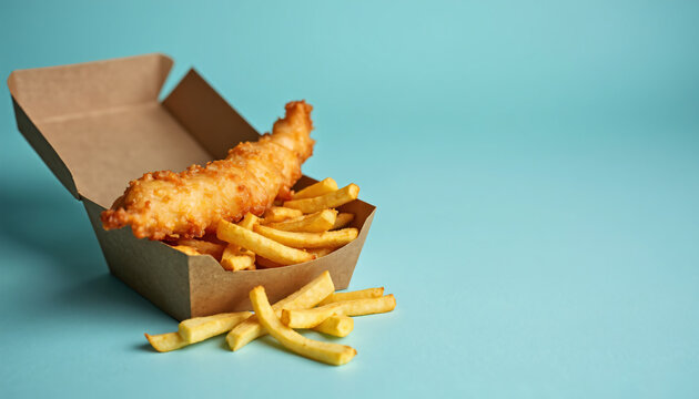 Fish and Chips in Cardboard Container on Blue Background