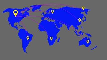 World Map with Blue Continents and Yellow Location Pins Connected by Pink Lines global international