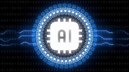 AI Chip Icon in Glowing Blue Futuristic Circle with Binary Code Data Stream Background Keywords: AI, artificial intelligence, chip, technology, futuristic, sci-fi