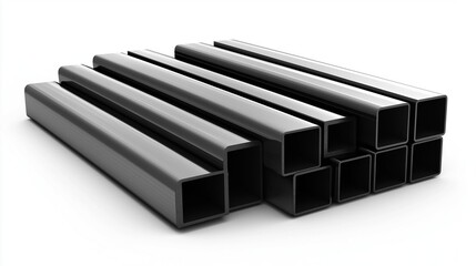 Stacked black metal square tubes and steel beams arranged on white background showcasing industrial construction materials and structural components