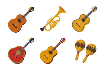 Naklejka premium Guitar and maracas set, mariachi instruments, mexican folk music icons, acoustic guitars, percussion vector pack