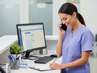 Woman in medical uniform is receiving a call at desk.