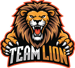 Team Lion Mascot Logo Roaring with Claws Extended on White Background animal