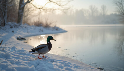 Mallard Duck on Snowy Riverbank in Winter