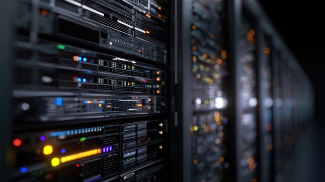 The advanced server rack displaying vibrant lights and technology in a data center.