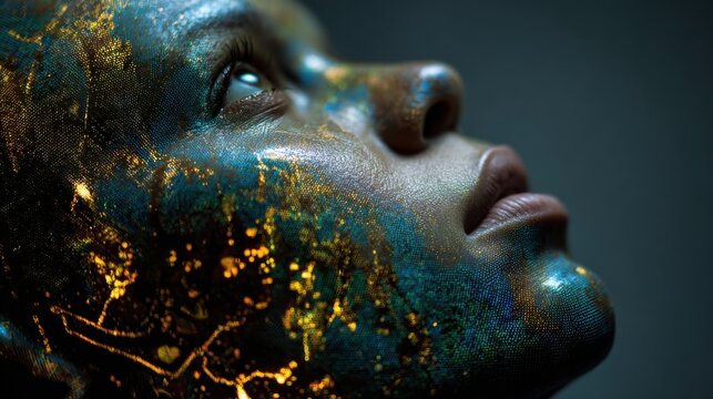 A close-up of a young African woman with intricate gold and blue face paint. Her expression is serene, and she gazes upward with a thoughtful demeanor.
