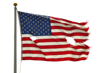 Isolated Tattered and Torn American Flag Waving on a Pole