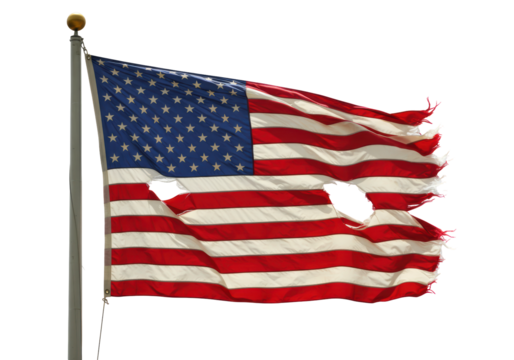Isolated Tattered and Torn American Flag Waving on a Pole