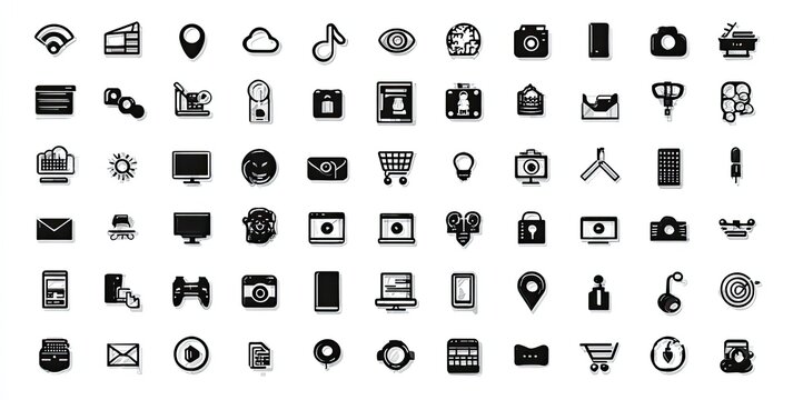 Collection of 64 simple, black line icons representing various technologies, communication, and objects