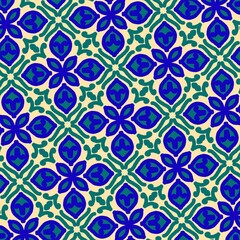 Blue, Green, and Cream Ornate Floral Seamless Pattern