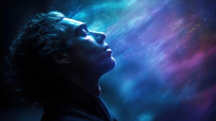 A young man with curly hair gazes upward against a colorful cosmic background. The scene conveys a sense of wonder and exploration of the universe.