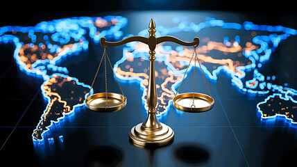 Golden scales of justice balances global legal concepts on world map background representing law