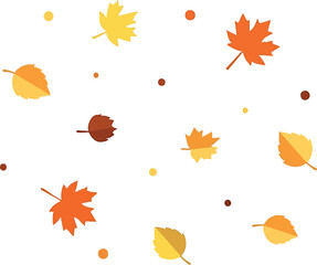 A simple illustration of falling autumn leaves and small dots scattered on white background.