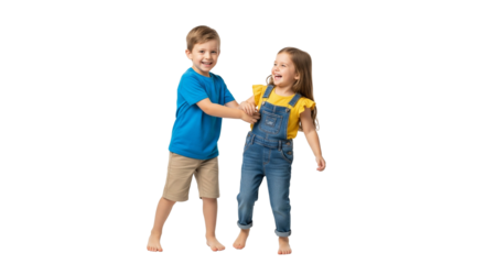 Two Children Standing Together in Casual Outfits on White Background