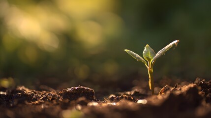Young sapling emerging from rich soil, sunlight filtering through leaves in a detailed macro view.