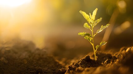 Young sapling emerging from rich soil, sunlight filtering through leaves in a detailed macro view.