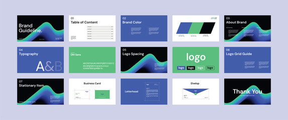 Landscape branding guideline template, Brand guideline manual, Presentation template for brand identity, Minimal logotype guideline layout.