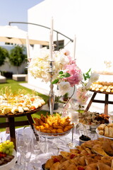 An array of delectable appetizers and pastries awaits guests at a vibrant outdoor celebration. Elegant floral arrangements enhance the joy of this cheerful gathering, infused with warmth.