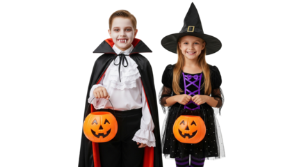 Children in Halloween Costumes Holding Pumpkin Buckets on White Background
