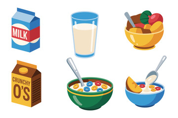 Healthy breakfast bowl vector, milk carton, cereal with fruit, spoon and glass, breakfast icons, morning meal illustration