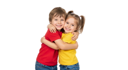 Two Children Hugging Each Other on White Background