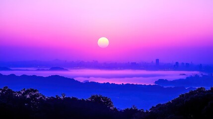 Majestic sunrise over misty mountains and cityscape with vibrant purple hues evokes tranquility