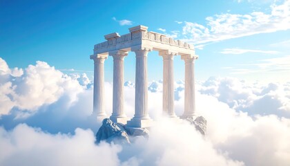 Architectural wonder rising above ethereal clouds, against a backdrop of celestial blue skies