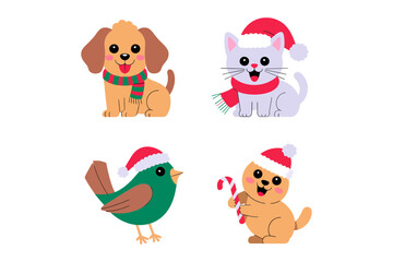 Christmas animals set, puppy kitten bunny and bird, winter accessories scarf hat, cute holiday characters, festive vector clipart, children illustration, greeting card elements