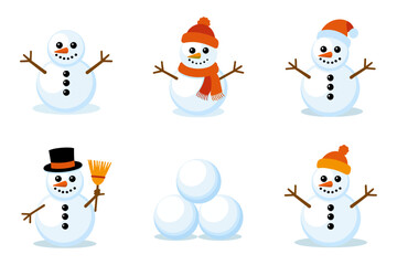 Winter snowman kit, figures with broom scarf hat, stacked snowballs and circle bases, holiday activity icons, cute vector clipart, family fun graphics
