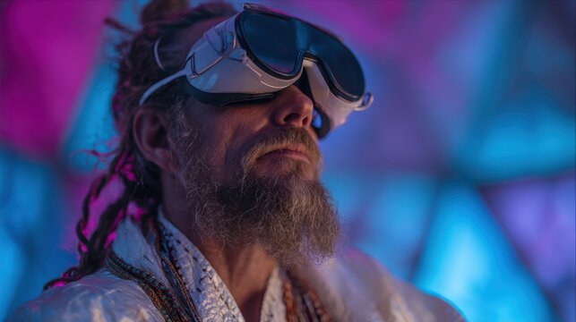 A middle-aged Caucasian man with long hair and a beard wears virtual reality goggles. The background features colorful lights and abstract shapes.