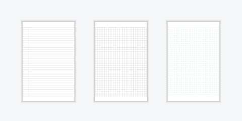 Set of blank sheets of lined, square grid and dotted paper in a4 format. Paper templates for notes, writing, sketching, and journaling. Ideal for school, office and work.
