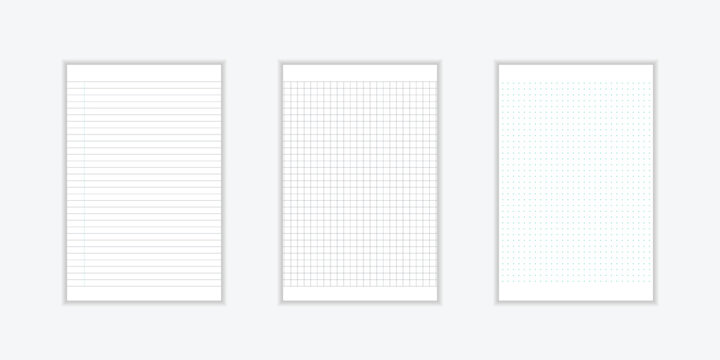 Set of blank sheets of lined, square grid and dotted paper in a4 format. Paper templates for notes, writing, sketching, and journaling. Ideal for school, office and work.