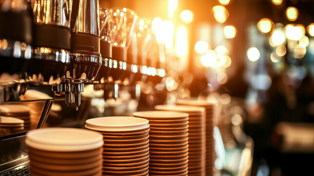 Coffee machine and stacks of disposable cups in a warm, brightly lit cafe