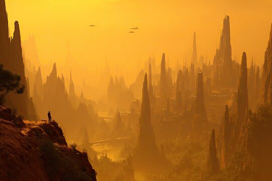Golden, hazy alien landscape. A lone figure stands on a cliff overlooking a valley of towering spires